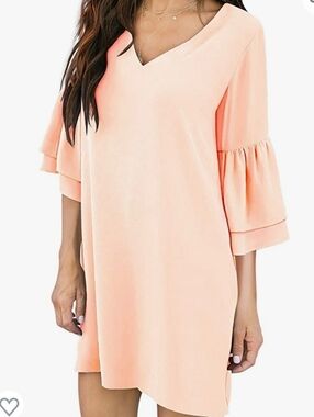 BELONGSCI Sweet & Cute V-Neck Bell Sleeve Shift Dress Mini Dress Peach Size L